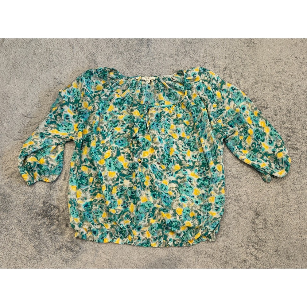 Guess Boho Peasant Top Womens Large Blue Yellow Sheer Flowy Floral Blouse